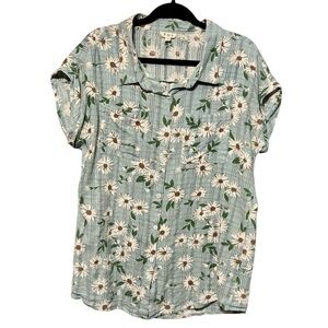 POL Cotton Gauzy Lightweight Floral Plaid Button Down Cuffed Sleeve Blouse